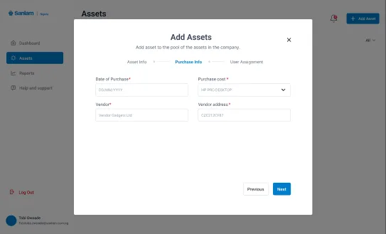 Add asset step 2: purchase info