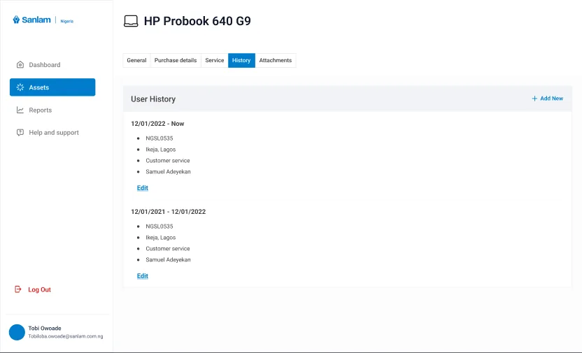 Asset user assignment history page