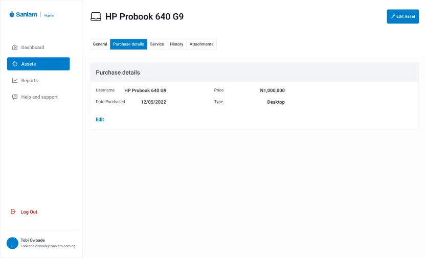 Asset purchase details page