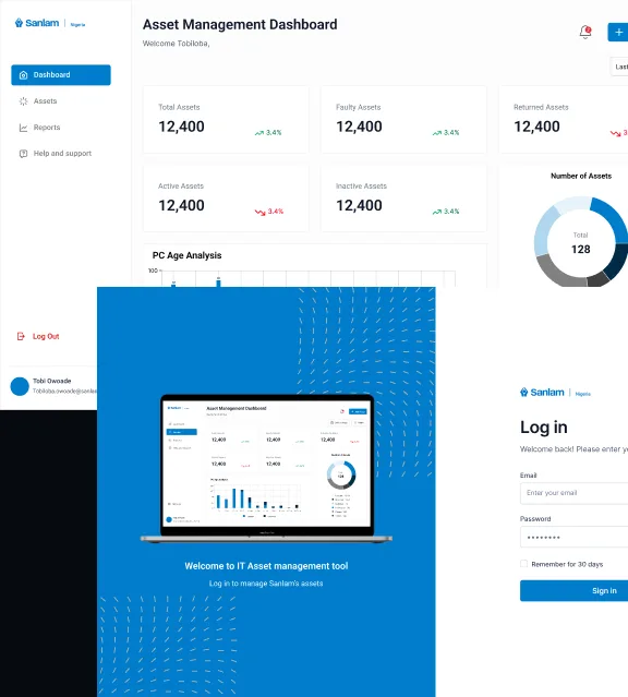 Asset management dashboard and login screen mockups