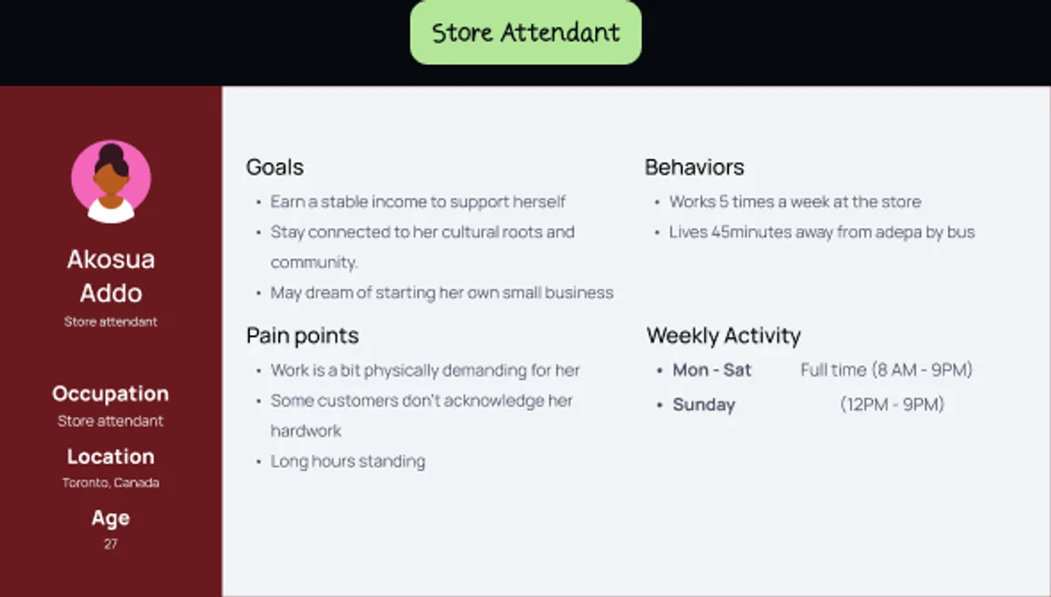 Persona card for Akosua Addo, a store attendant at Adepa