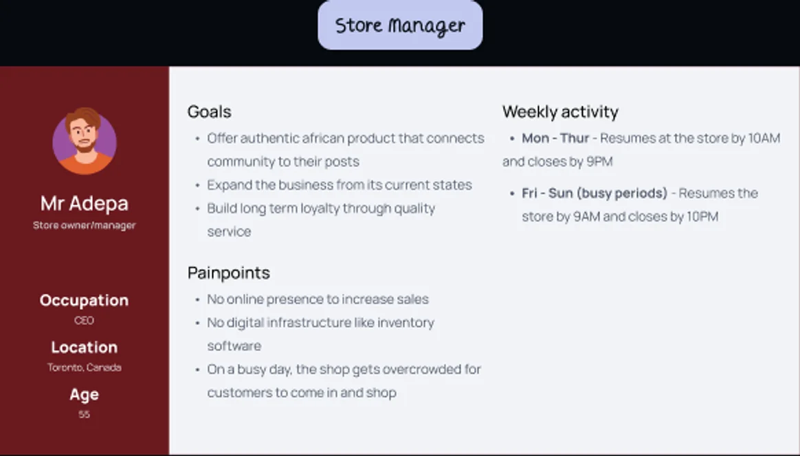 Persona card for Mr Adepa, the store owner and manager